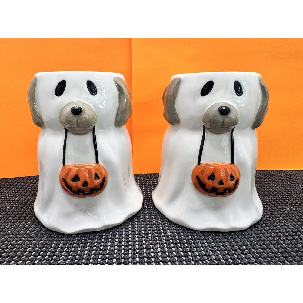 Pottery Barn Halloween Doug the Dog Ghost Mugs Set of 2 Ceramic Spooky Pumpkin